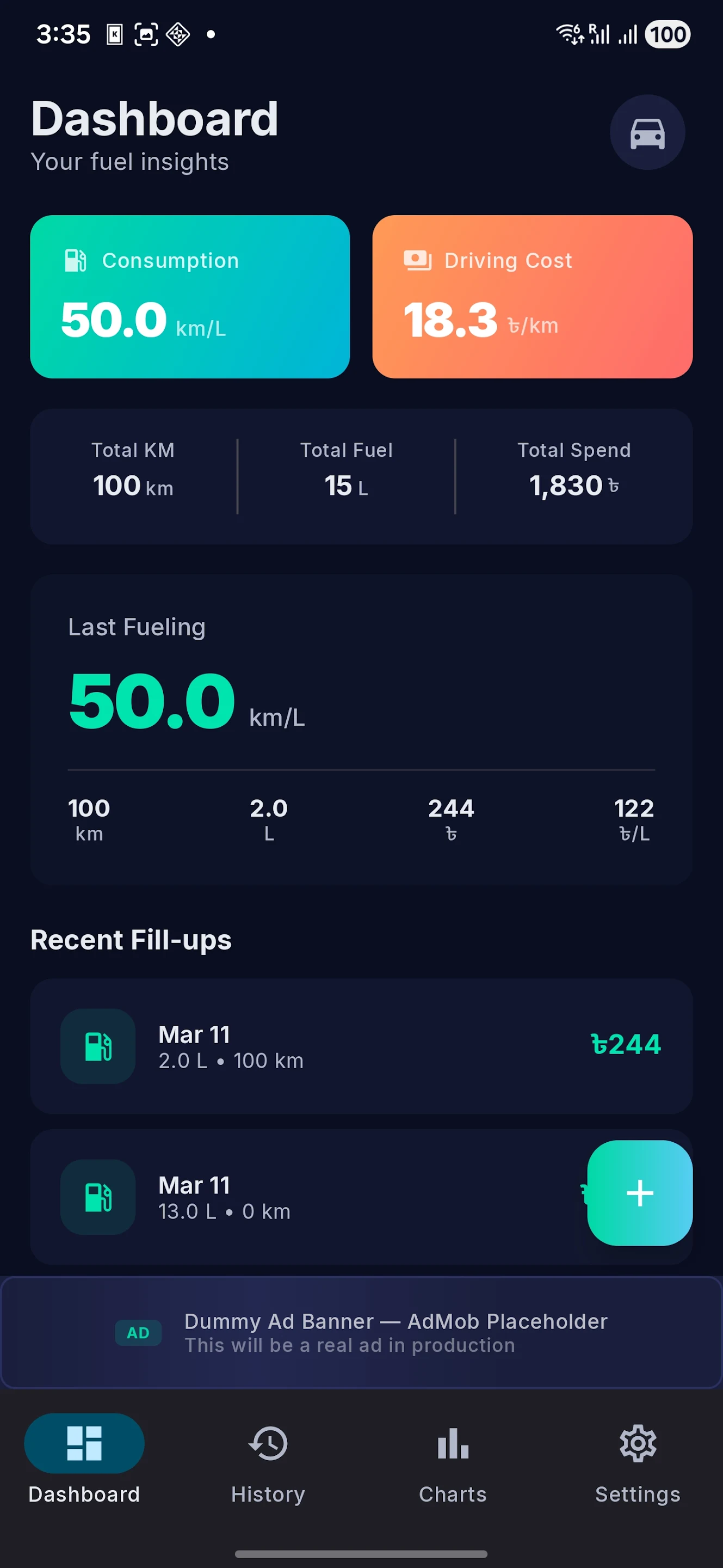 TankLog dashboard showing fuel consumption, driving cost, last fueling, and recent fill-ups